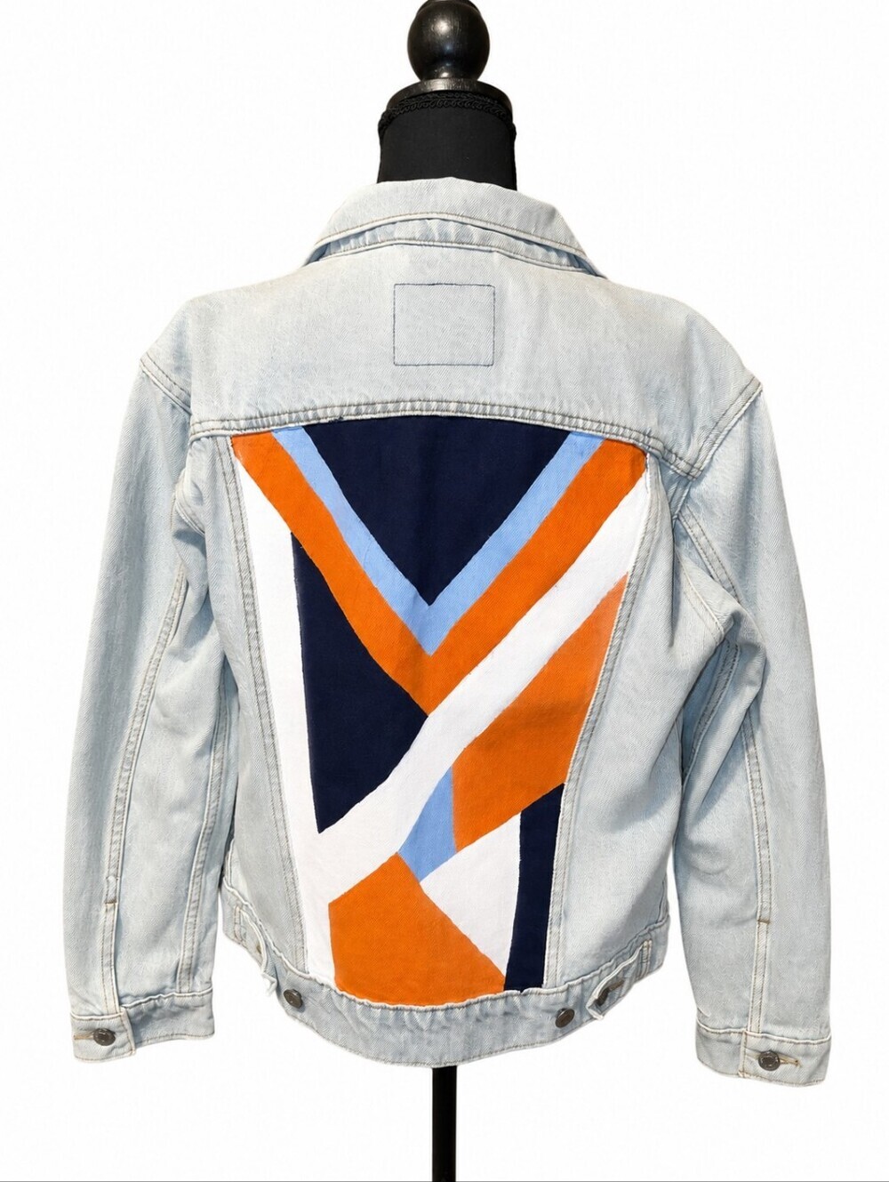 LEVIS STRAUSS & CO LIghtwashed Denim Graphic Jean Jacket Orange Navy Blue sz sm